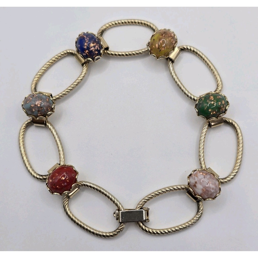 Vintage Art Glass Cabochon Bracelet Multicolor Oval Links Gold Tone Retro